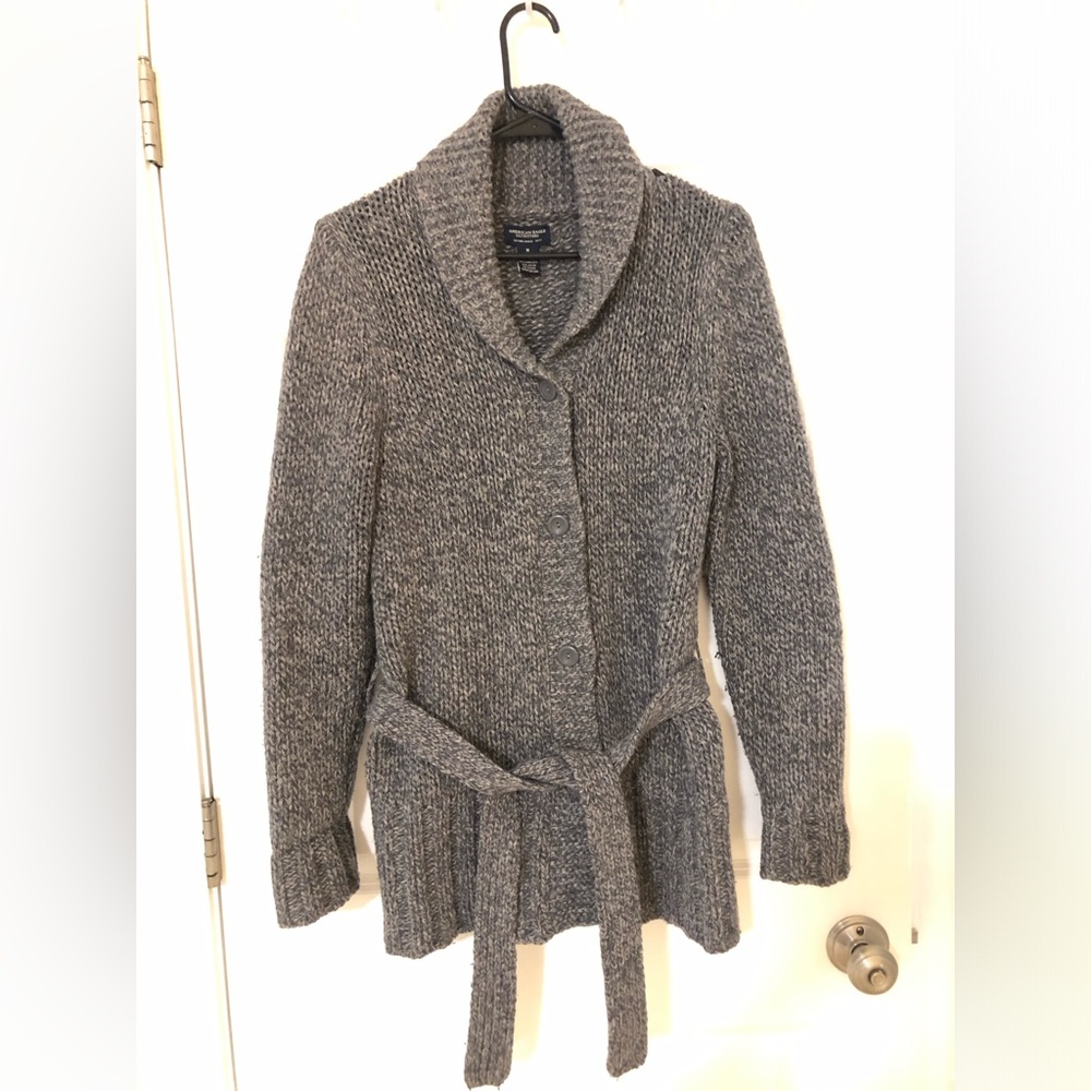 American Eagle Outfitters AEO Lambswool Button Down Belted Cardigan Sweater Sz M - Picture 2 of 10